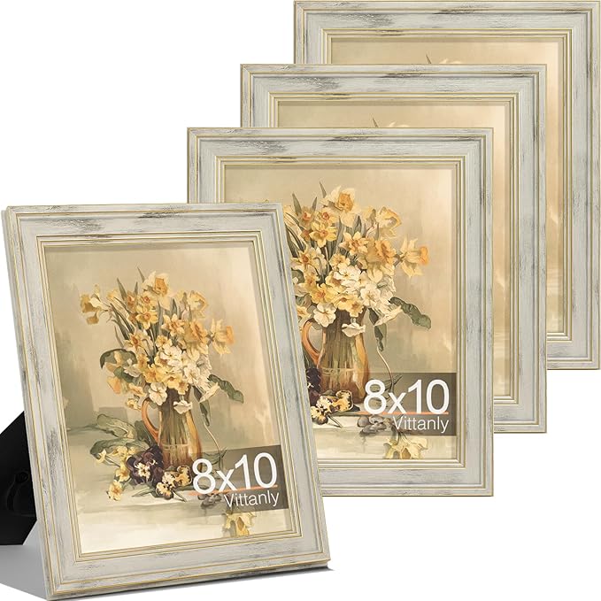 Vittanly 8x10 Picture Frame Set of 4, Vintage Photo Frame for Wall or Tabletop, Display 5x7 Pictures with Mat or 8x10 without Mat, Rustic Farmhouse Home Decor, Distressed White
