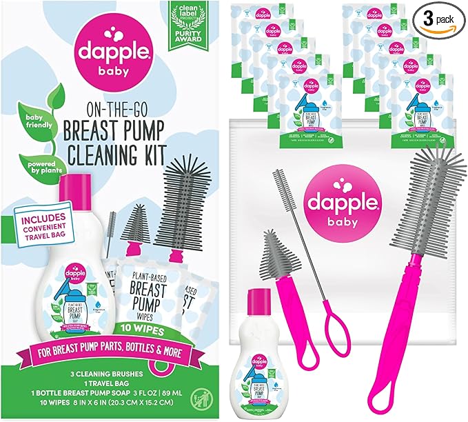 Dapple Breast Pump Cleaning Kit, 3 Baby Bottle Cleaning Brushes, Hypoallergenic & Powered by Plants, Removes Milk Residue, Leaves No Taste, 3oz Soap, 10ct Wipes 3 Cleaning Brushes