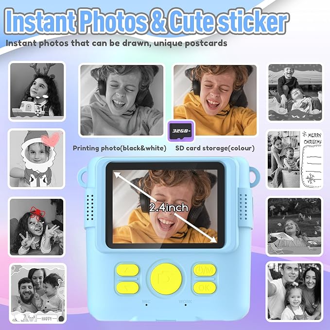 Kids Camera Instant Print, Christmas Birthday Gifts for Kids Age 3-12, Selfie Digital Camera with 1080P Videos,Toddler Portable Travel Toy for 4 5 6 7 8 9 Year Old Boys Girls-Blue