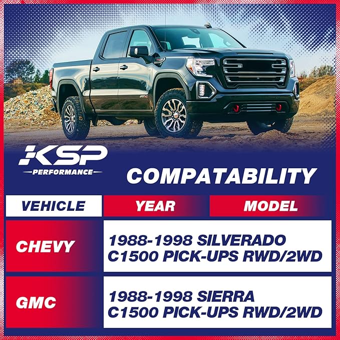 KSP 3-5" Adjustable Shock Extender for Chevy Silverado C1500 1988-1998, GMC Sierra C1500 1988-1998, Adjustable Rear Lowering Shock Mounts for Trucks Pickup