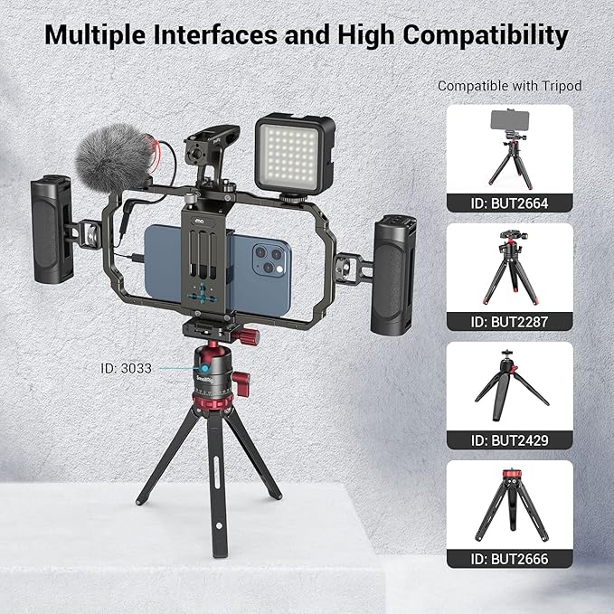 US Stock Universal Mobile Phone Handheld Video Rig kit with Two Side Handles and a top Handle for Mobile Filmmaking, vlogging,Features Two Cold Shoe mounts and Multiple 1/4 Threaded Holes
