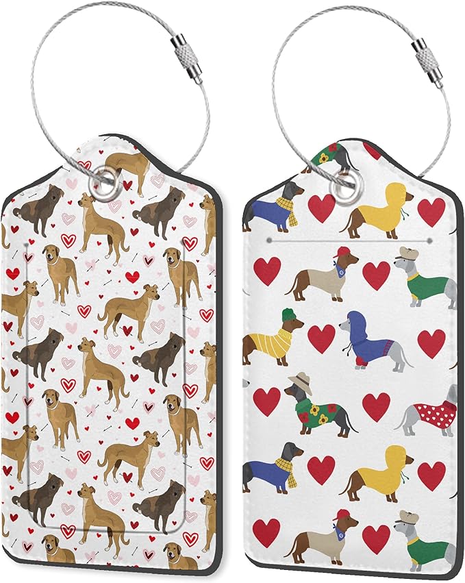 Cute Colorful Dog 2 Pack PU Leather Luggage Tags for Suitcase, Red Heart Travel Cruise Tag with Privacy Flap, Name ID Label and Metal Loop for Women Men Baggage Handbag School Bag