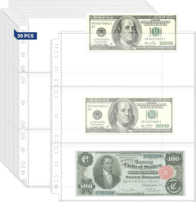 ENPOINT 90 Pockets Acid Free Currency Sleeves, 30 Pack Dollar Bill Sleeves for Collecting Cash, Banknotes or Coupons, Fit for 3 Ring Binder Currency Album, Non Stick and Non Glare