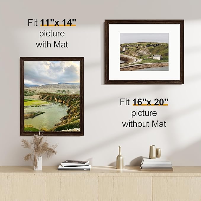 Vittanly 16x20 Picture Frames Set of 2, Ornate Vintage Photo Frame for Wall Mount, Display 11x14 Pictures with Mat or 16x20 without Mat, Rustic Brown