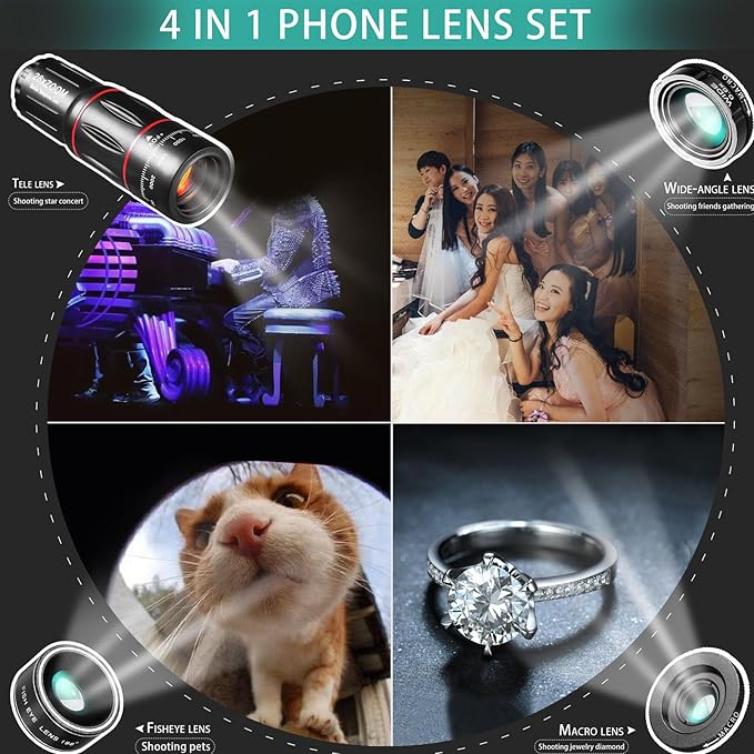 28x Telephoto Smartphone Lens, 3in 1 Lens (Telephoto Lens, Macro & Wide Angle Fisheye Lens) Phone Photography Kit Flexible Phone Tripod, for Smartphones