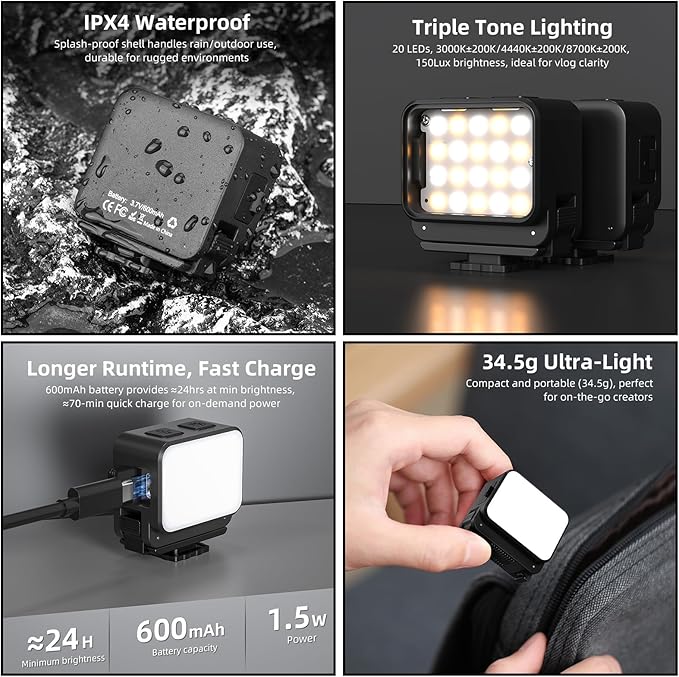 Magnetic Mini Light for DJI Osmo Pocket 3 Action 4/5/Pro Creator Combo Accessories, 2W 600mAh Rechargeable LED Fill Light, 3 Color Modes, 4 Levels Brightness, IPX4 Water Resistance