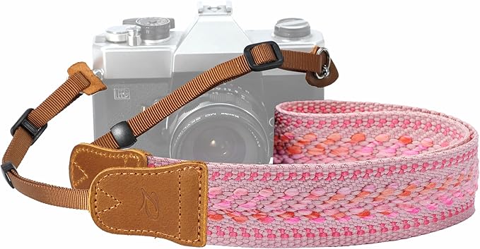 Padwa Lifestyle Speed Pink Camera Strap - 1.5" Soft Cotton Rope Weave Crazy Horse Cowhide Head Camera Straps for Photographers and All Cameras,Cute Adjustable Vintage Woven Strap for Adults & Kids