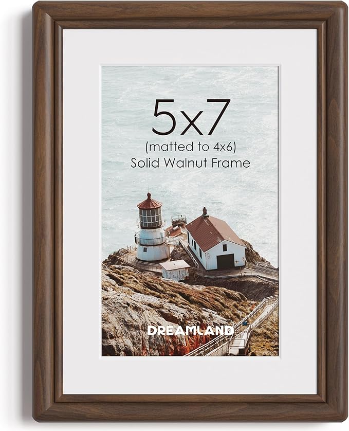 Dreamland 5x7 Picture Frame, Solid Walnut Wood 5x7 Photo Frame, 5 by 7 Wood Frames with Real Glass for Tabletop & Wall Display, 5x7 Frame Matted to 4x6