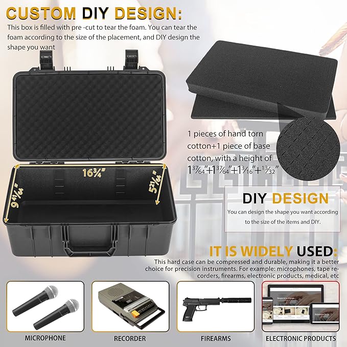 ITHWIU Protective Hard Case Shockproof Water-resistant with Customized DIY Foam fit for Camera, etc,17.3 X 11.5 X 6.5-Inch