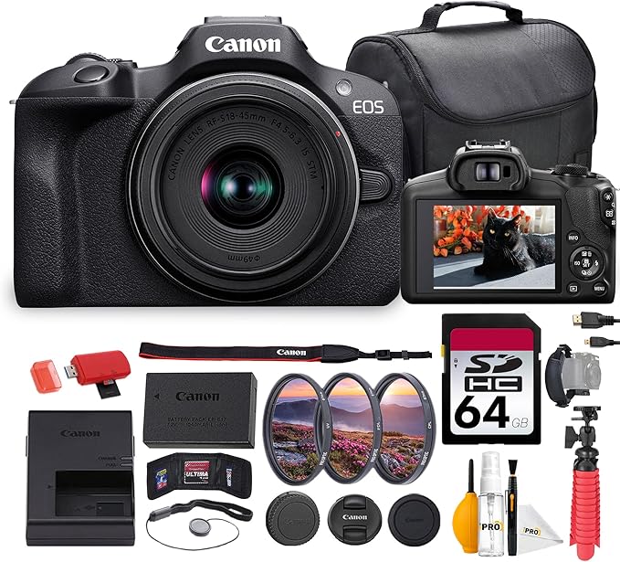Canon EOS R100 Mirrorless Camera with 18-45mm Lens Bundle | 24.2MP APS-C Sensor, Dual Pixel AF & 4K Video | Great for Beginners, Travel, & Family Photography (6052C012) + 64GB Card + Bag + More