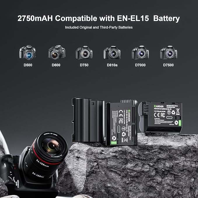 3-Pack EL15 USB Rechargeable Battery 2750mAh for Nikon D500 D850, D750, D500, Z6, Z7, Z5, D7500, D7200, D7100,D7200, D800 Cameras–Li-ion Replacement Battery-Includes USB Port, High Capacity