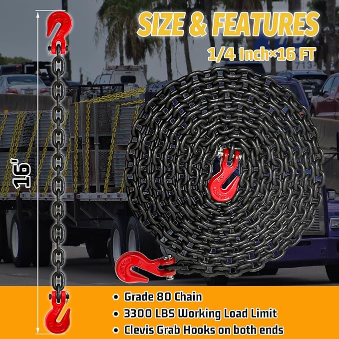 1/4" Tow Chain-G80 Transport Safety Chain with G70 Clevis Grab Hook for Towing|16FT Log Chains Wll 3300 Lbs|Heavy Duty Chain for Trailer Truck Tie Down Binding Equipment(Oiled Black)