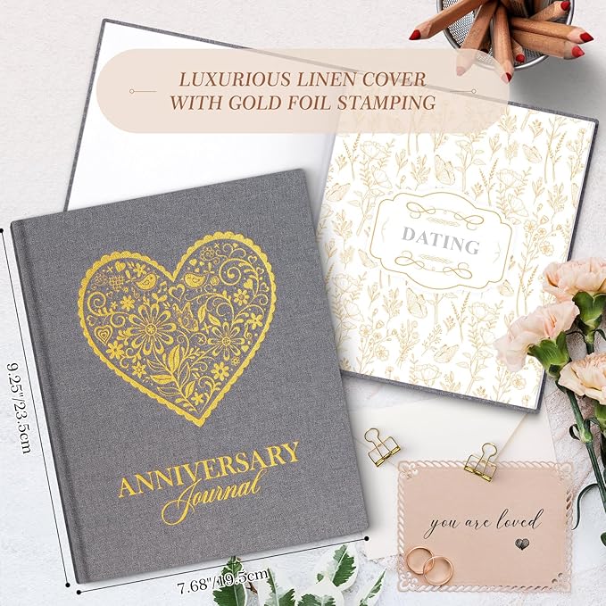Lanpn Wedding Anniversary Journal Book, Linen Dating 1st to 70th Couple Memory Book Wedding Scrapbook, 190 Pages Love Stories Notebook Newlywed Marriage Anniversary Bridal Shower Gift, Grey