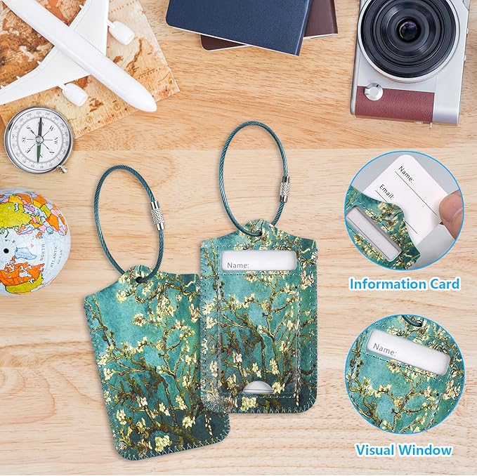 ACdream Luggage Tags 2 Pack, Leather Suitcase Tags Identifiers, Cute Cruise ID Labels with Privacy Cover fits on Backpack, Travel Bag, for Women, Men, Adults, Kids, Blossom