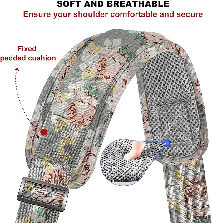 ZINZ 75" Shoulder Strap with Fixed Pad and Dual Balanced Buckles，Gray Flowers