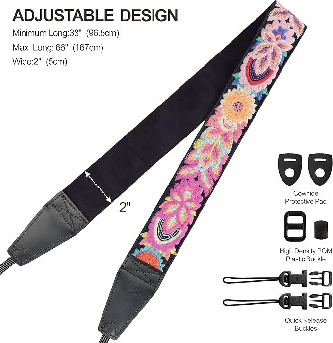Padwa Lifestyle Colorful Knit Camera Strap - 2" Full Grain Leather Ends Camera Straps for Photographers, Vintage Embroidered Cotton Soft Suede Fabric Padded Strap Quick Release fits All Cameras