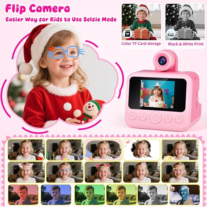 Kids Instant Print Camera with Carrying Bag, 1080P HD Girl Camera with 4 Print Paper Rolls, Color Pens & 32GB Card, Christmas Birthday Gifts Kids Girl Toys for 3-12 Years Old (Pink)