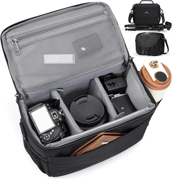 RAINSMORE Camera Bag for DSLR SLR Mirrorless Camera,Small Camera Sling Bag for Photographers Waterproof Camera Case with Tripod Holder Compact Camera Bag Crossbody with Rain Cover Black