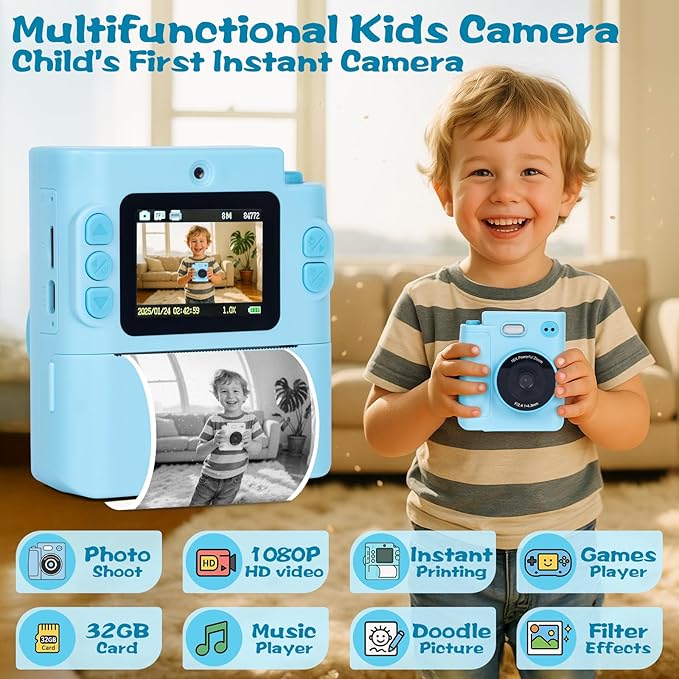 Kids Camera Instant Print, 1080P HD Dual-Lens Selfie Digital Camera with 5 Printing Paper Rolls & 32G TF Card, for Children, Portable Toddler Toy for Age 3-12 Boys & Girls (Blue)