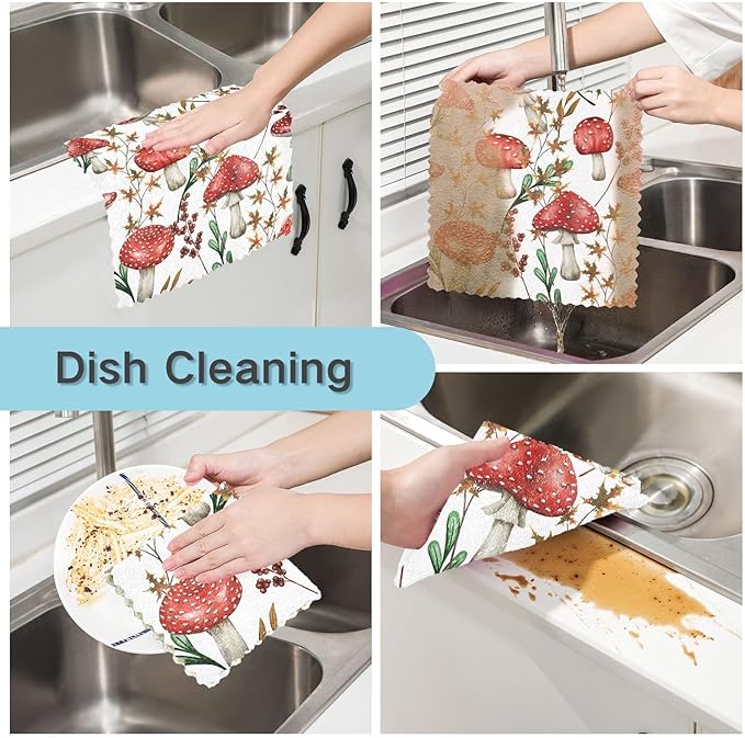 CaTaKu Fall Mushroom Kitchen Dish Cloths,Microfiber Cleaning Cloths Reusable Dish Rags for Washing Dishes, Dish Towels Washcloths for Kitchen Drying,6 Pack