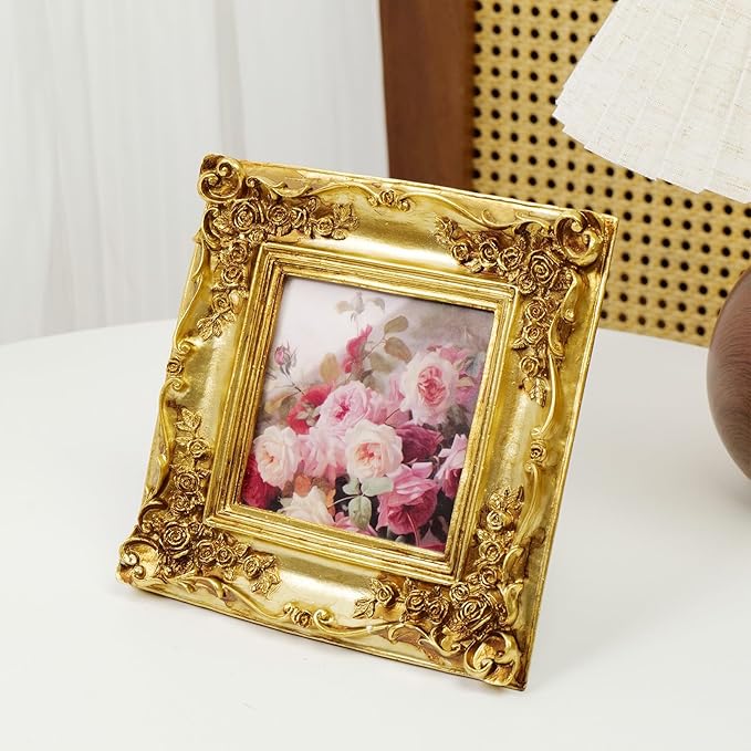 Cuspin Ornate Gold Picture Frame 4x4, Vintage Square Resin Photo Frame with Rose Floral Carvings, Glass Front, Tabletop Easel & Wall Mount (Horizontal/Vertical), Fits 4x4 Photo
