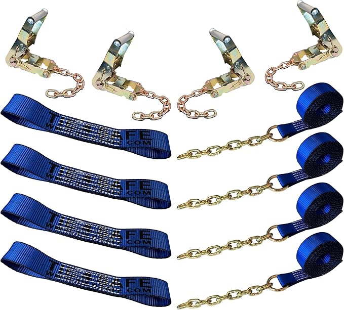 Mega Cargo Control USA 8 Point Tie Down Kit, Blue Rollback Towing Strap Set - Car Hauler Set for Flatbed, Tow Truck, Side Mount