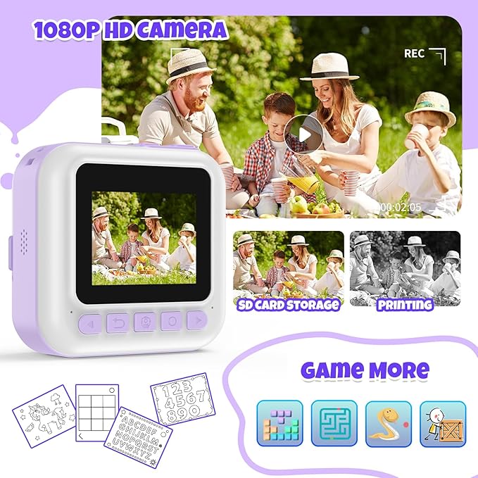 Kids Instant Print Camera, 1080P Children Printable Cameras Christmas Birthday Gifts for Girls Age 3-10, Toddler Toys for 3 4 5 6 7 8 9 10 Year Old Boys with 3 Roller Photo Paper (Purple)