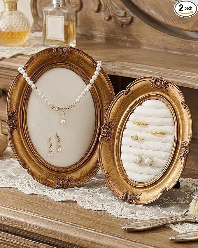 2 Pcs Gold Jewelry Display Stand Vintage Necklace Organizer Ring Holder Earring Tray Resin Jewelry Photography Props Frame with Velvet Backing for Gifts(White,Large,Small,Classical)