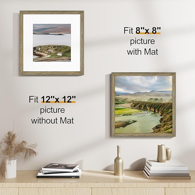 Vittanly 12x12 Picture Frames Set of 2, Ornate Vintage Photo Frame for Wall or Tabletop, Display 8x8 Pictures with Mat or 12x12 without Mat, Vintage Green