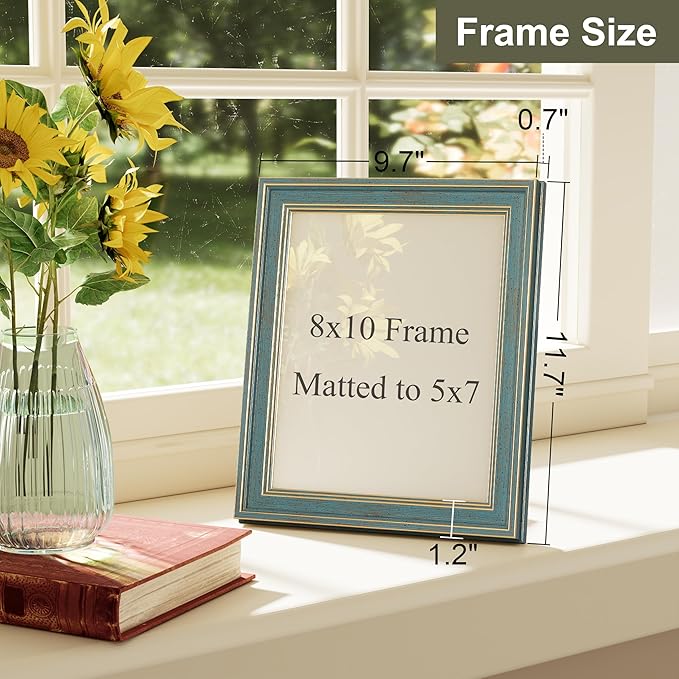Vittanly 8x10 Picture Frame Set of 4, Vintage Photo Frame for Wall or Tabletop, Display 5x7 Pictures with Mat or 8x10 without Mat, Rustic Farmhouse Home Decor, Blue