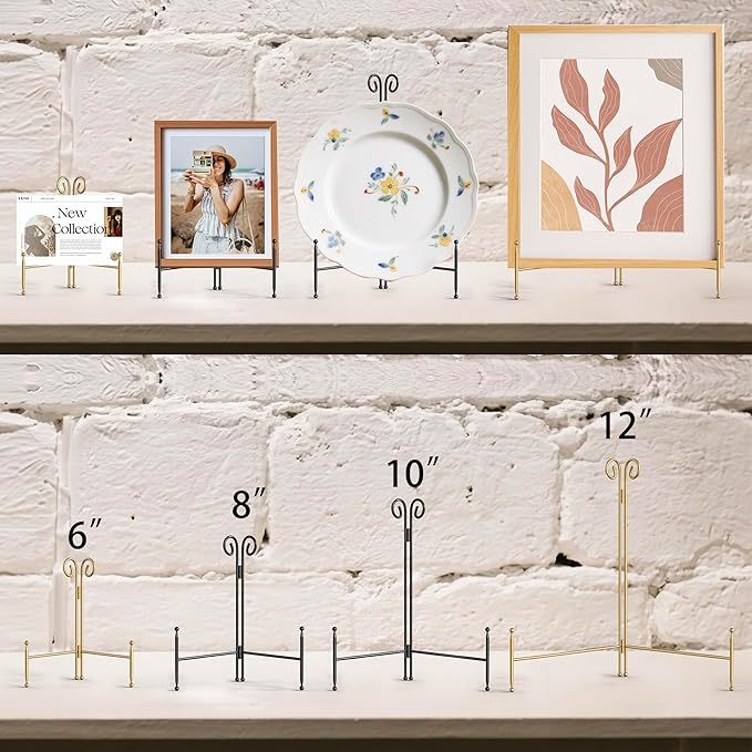 HEMYLU Display Stand for Plate, Foldable Metal Plate Stand for Table, Decorative Easel Holder for Picture Frames, Photos, Wedding Cards, Sign Posters, Cavas, 8-inch Gold