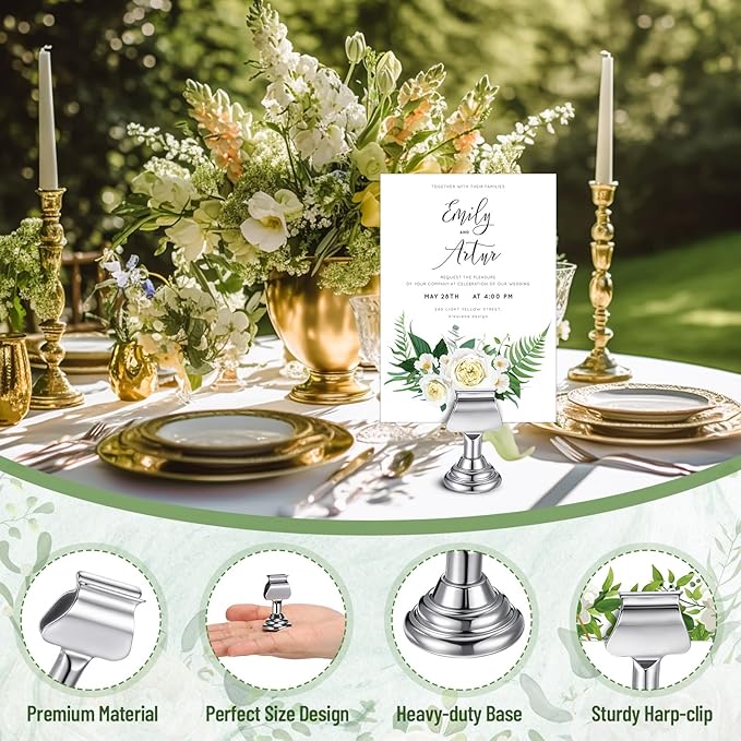 Kathfly 48 Pcs Metal Table Number Holders 1.7 Inch Silver Mini Place Card Holders Bulk Harp-clip Table Sign Stands Card Holder Display Picture Memo Notes Menu for Weddings Restaurants Birthday Decor