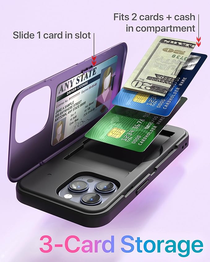TORU for iPhone 15 Pro Wallet Case with Card Holder, Hidden ID Credit Card Slot Flip Kickstand, Slim Fit Shockproof Heavy Duty Phone Cover with Strap - Purple
