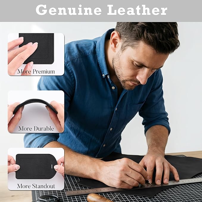 Mayski Genuine Leather Luggage Tags for suitcases, 3 Pack Durable Travel Bag Tags with Privacy Flap, Travel Essentials TSA Approved, Black