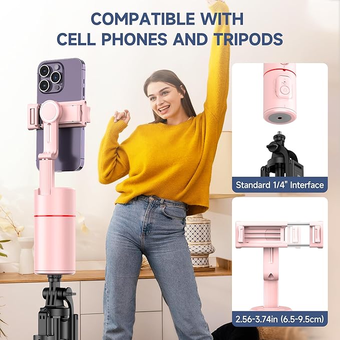 Auto Face Tracking Phone Holder, Gesture Control & Remote, Face Tracking Tripod 360 Rotation Body Phone Camera Mount Smart Shooting Holder, Cell Phone Selfie Stick Tripod, Expandable Pole (Pink)