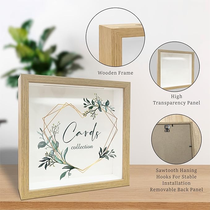 8" x 8" Card Collector Box Photo Frame - Greenery Pattern Wood Keepsake - Everything I Want to Remember - Display Collector Memory Box for Greeting Cards, Tickets,Invitation Keepsake Gift - A04
