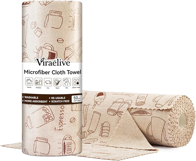 Microfiber Cleaning Cloth Roll, 50-Count Reusable Washable Rags, Absorbent Lint-Free Non-Scratch Streak-Free Tear-Away Barista Towels for Kitchen & Home, Bar & Studio, 12x12 in