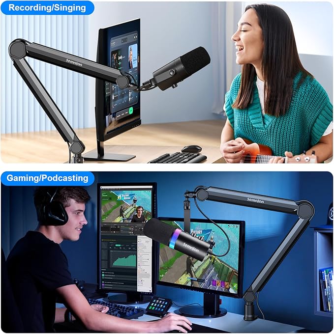LM08 Mic Arm Stand, 360° Microphone Stand with Cable Management Channels, Desk Clamp, Thread Adapter, Fully Adjustable Built Podcast Mic Boom Arm for Streaming Gaming Recording Black