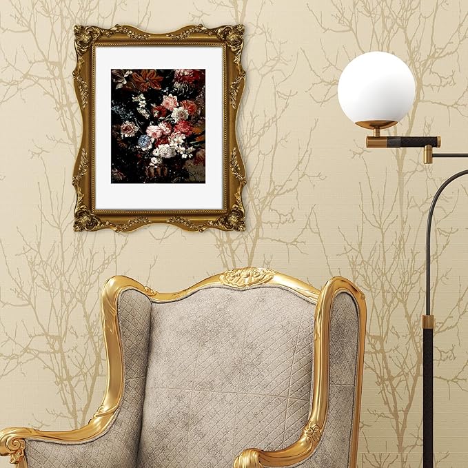 Gold 11x14 Picture Frame Vintage with Mat for 8x10 or 11 x 14 Photos, Real Glass, Ornate Baroque Gothic Victorian Antique Frames for Wall Display