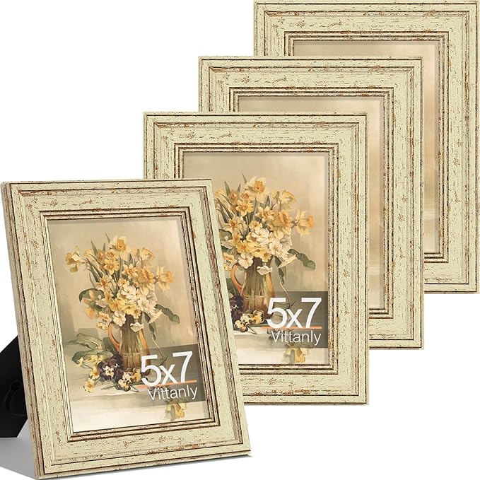 Vittanly 5x7 Picture Frame Set of 4, Vintage Photo Frame for Wall or Tabletop, Display 5x7 Pictures, Rustic Farmhouse Home Decor, Green Gold