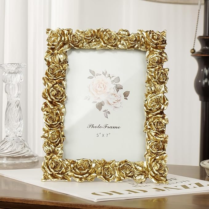 Cuspin 5x7 Picture Frame Vintage Gold Frames, Gold Ornate Rose Flower Resin Photo Frame with Glass Front for Wall Hanging or Tabletop Display, Elegant Home Decor