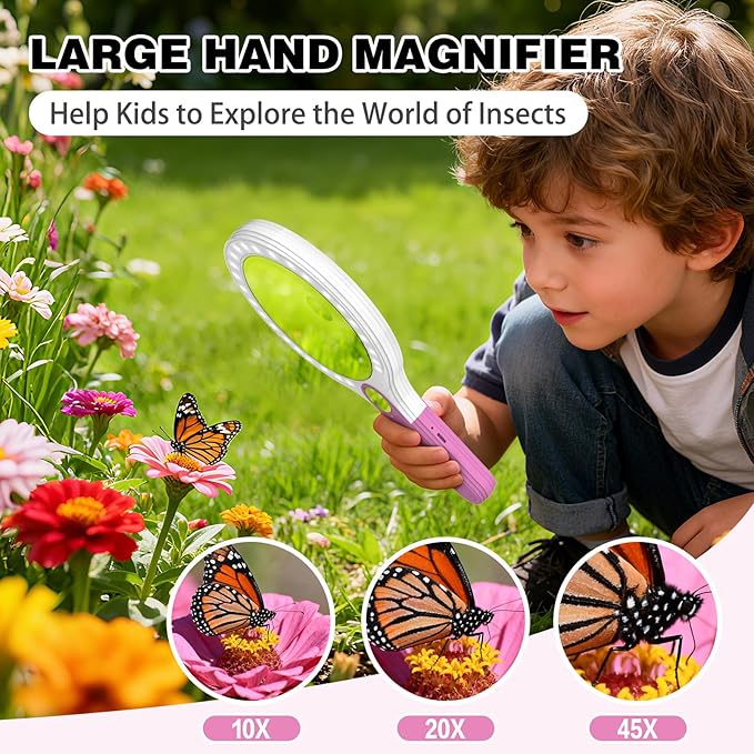 GUOUBUO Rechargeable Large 5.2'' Magnifying Glass with Light, 10X 20X 45X Handheld Magnifying Glasses for Reading, 3 Lighted Modes Non-Slip Handle Magnifier for Seniors Close Work Coins Jewelry Hobby