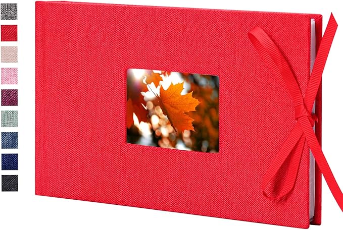 Vienrose Photo Album 4x6 50 Pockets Linen Frame Cover with Memo Areas Photobook Mini Slip-in Picture Book for Wedding Baby Vacation, Red