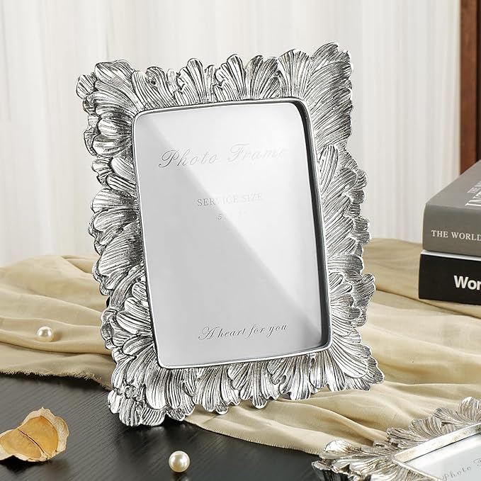 Cuspin 5x7 Picture Frame Silver Frames, Vintage Elegant Palm Leaves Textured Hand-Crafted Resin with Glass Front Retro Design Photo Frame for Wall Hanging and Tabletop Display Home Decor