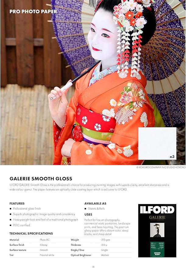 Ilford Galerie 11x17” (25 Sheets) Smooth Gloss Instant Dry Archival Photo Inkjet Paper 12mil / 310gsm for Dye and Pigment Ink Printers, Color and Black and White, Made in Germany
