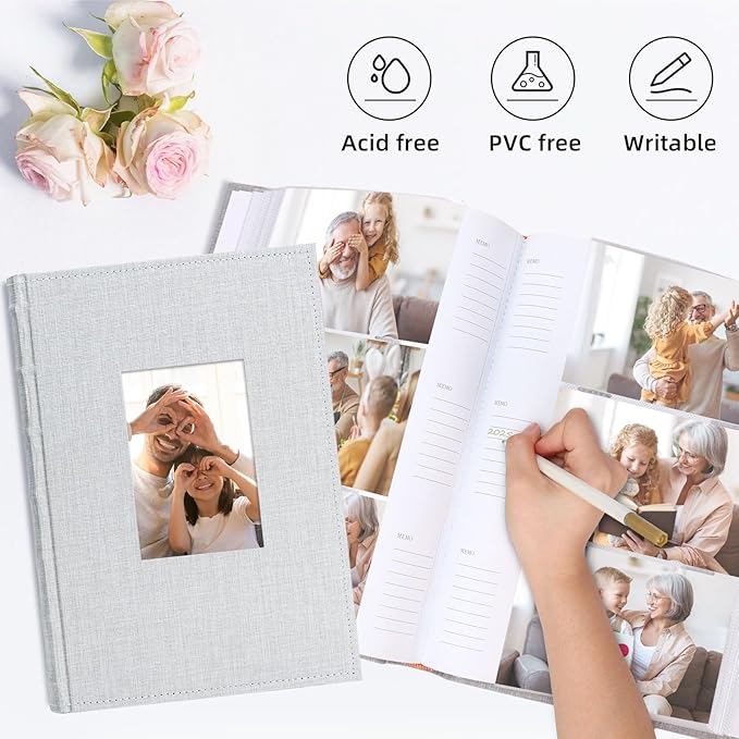 Vienrose Photo Album 4x6 300 Photos Linen Frame Cover with Memo Areas Photobook Large Capacity Slip-in Pictures Book for Wedding Baby Vacation, Lightgrey