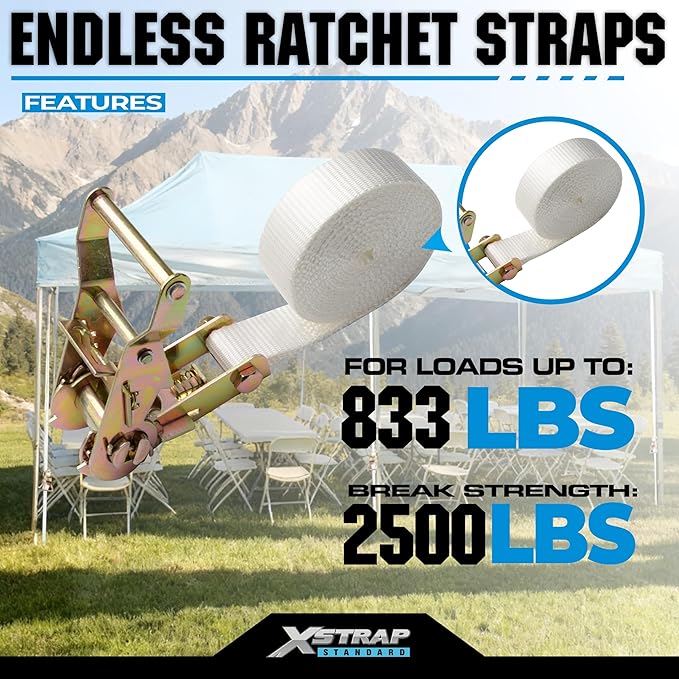 XSTRAP STANDARD 4PK 1" Endless Ratchet Straps - 2500lbs Breaking Strength Heavy Duty White Tent Securing Straps, Track Spring Fittings, 10ft Tie Downs for Tents/Trailers/Kayaks