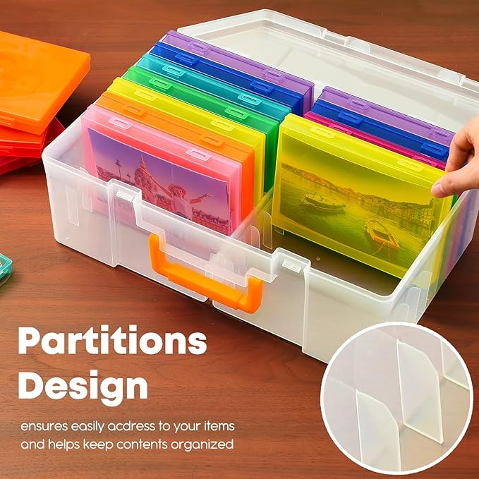 ALINK Photo Storage Box 5" x 7" with Handle, 18 pcs Inner Photo Containers Organizer and Craft Keeper, Portable Picture Case with Label for Seed, Arts, Crafts, Sewing, Stickers, Office - Colorful