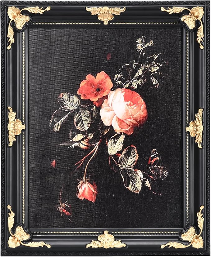 11x14 Vintage Picture Frame - Black Wood with Gold Embossed Flower, Gothic Ornate Antique Photo Frames with Real Glass, Tabletop or Wall Hanging Display