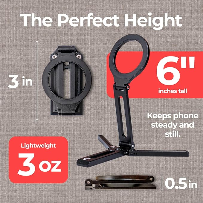 Cinder Stand - Magnetic Mini Tripod Stand – Foldable Magnetic Phone Holder with Adjustable Angle – Strong Magnetic Grip for iPhone 12/13/14/15, Vertical & Horizontal – Travel-Friendly